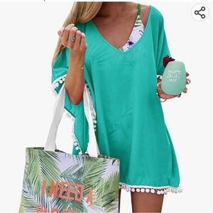 NWT Adreamly teal beach cover up with Pom poms L/XL New